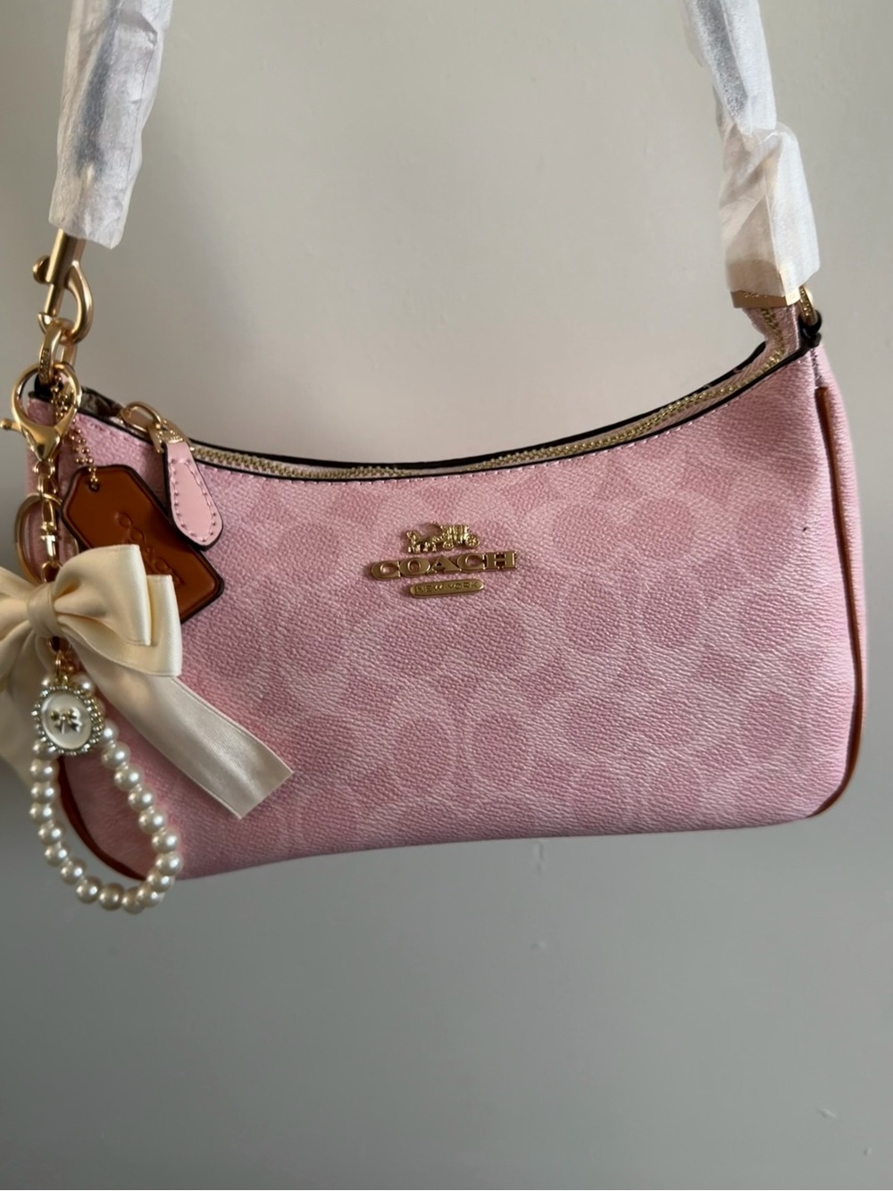 Coach Pink Signature Jacquard Shoulder Bag with Bow & Pearl Charm